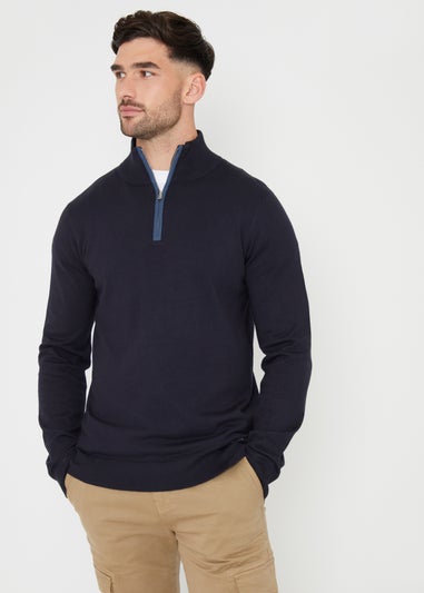 Threadbare Navy Funnel Neck Quarter Zip Knitted Jumper