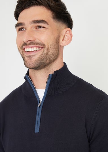 Threadbare Navy Funnel Neck Quarter Zip Knitted Jumper