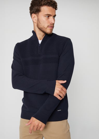 Threadbare Navy Rib Detail Crew Neck Knitted Quarter Zip Jumper