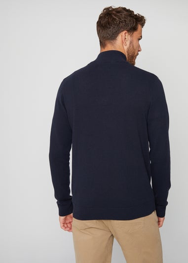 Threadbare Navy Rib Detail Crew Neck Knitted Quarter Zip Jumper