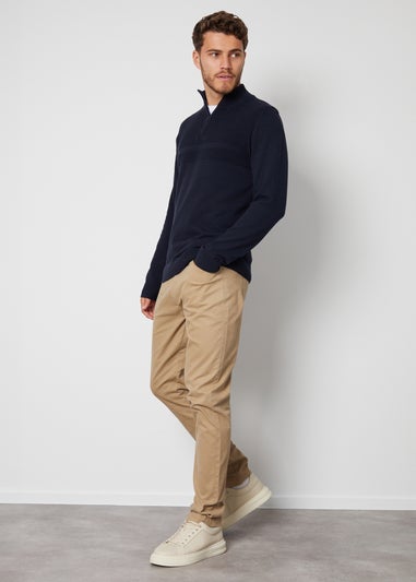 Threadbare Navy Rib Detail Crew Neck Knitted Quarter Zip Jumper