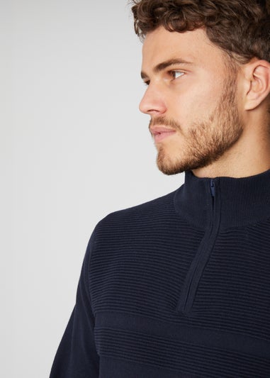 Threadbare Navy Rib Detail Crew Neck Knitted Quarter Zip Jumper