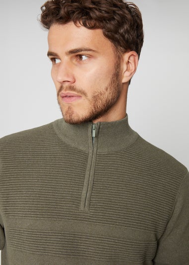 Threadbare Khaki Rib Detail Crew Neck Knitted Quarter Zip Jumper