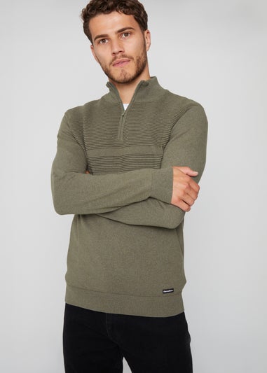 Threadbare Khaki Rib Detail Crew Neck Knitted Quarter Zip Jumper