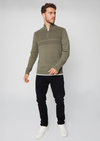 Threadbare Khaki Rib Detail Crew Neck Knitted Quarter Zip Jumper