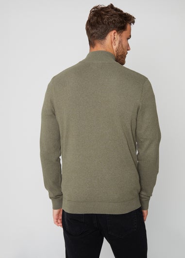 Threadbare Khaki Rib Detail Crew Neck Knitted Quarter Zip Jumper