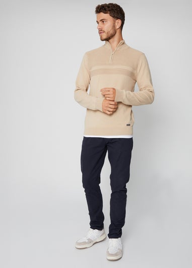 Threadbare Stone Rib Detail Crew Neck Knitted Quarter Zip Jumper