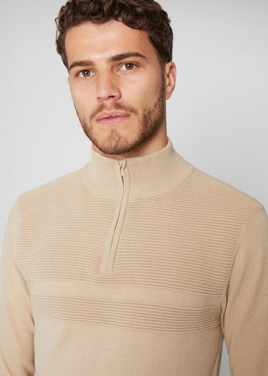 Threadbare Stone Rib Detail Crew Neck Knitted Quarter Zip Jumper