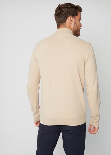 Threadbare Stone Rib Detail Crew Neck Knitted Quarter Zip Jumper