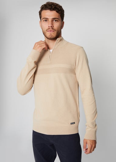 Threadbare Stone Rib Detail Crew Neck Knitted Quarter Zip Jumper