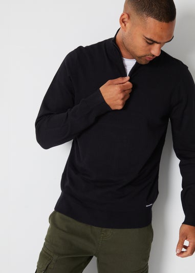 Threadbare Black Funnel Neck Quarter Zip Knitted Jumper