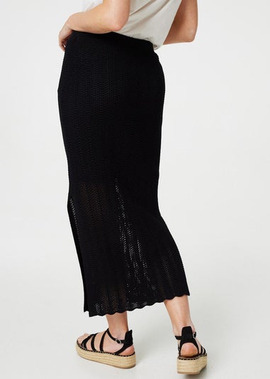 Izabel London Black High Waist Crochet Knit Midi Skirt