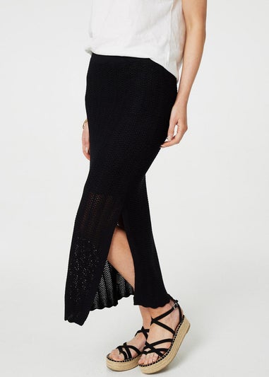 Izabel London Black High Waist Crochet Knit Midi Skirt