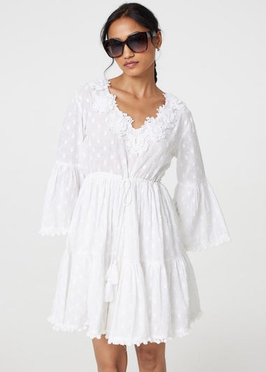 Izabel London White Floral Lace Flare Sleeve Mini Beach Dress