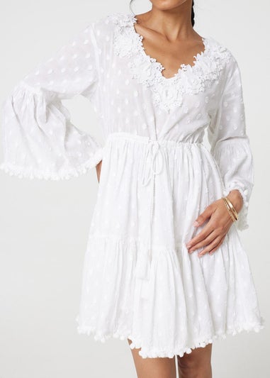 Izabel London White Floral Lace Flare Sleeve Mini Beach Dress