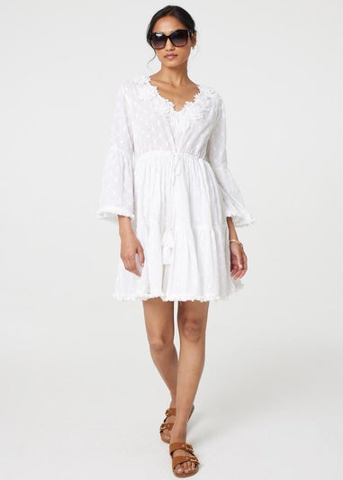 Izabel London White Floral Lace Flare Sleeve Mini Beach Dress