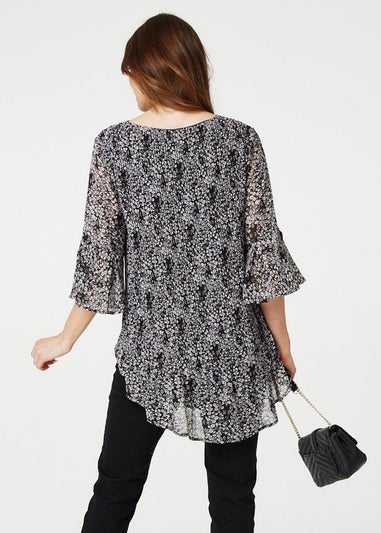 Izabel London Black Ditsy Floral Flare Sleeve Curve Hem Blouse