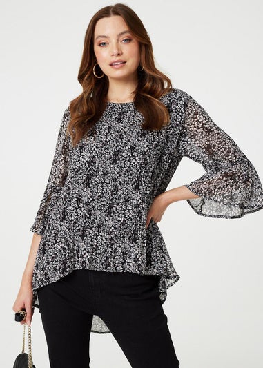 Izabel London Black Ditsy Floral Flare Sleeve Curve Hem Blouse