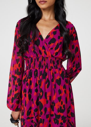 Izabel London Purple Animal Print V-Neck Curve Hem Midi Dress