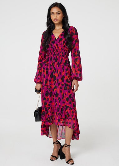 Izabel London Purple Animal Print V-Neck Curve Hem Midi Dress