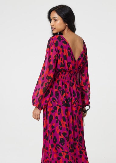 Izabel London Purple Animal Print V-Neck Curve Hem Midi Dress