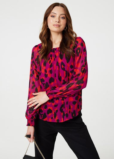 Izabel London Pink Animal Print Long Sleeve Ruched Blouse