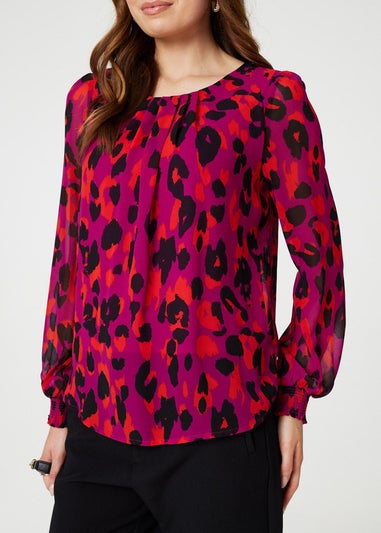 Izabel London Pink Animal Print Long Sleeve Ruched Blouse