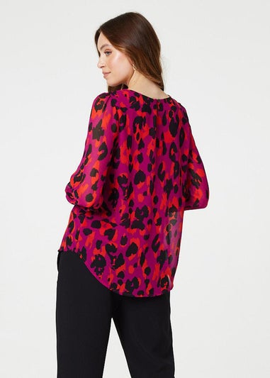 Izabel London Pink Animal Print Long Sleeve Ruched Blouse