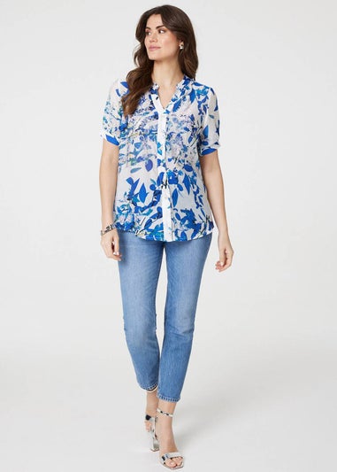 Izabel London Blue Leaf Print Short Puff Sleeve Shirt