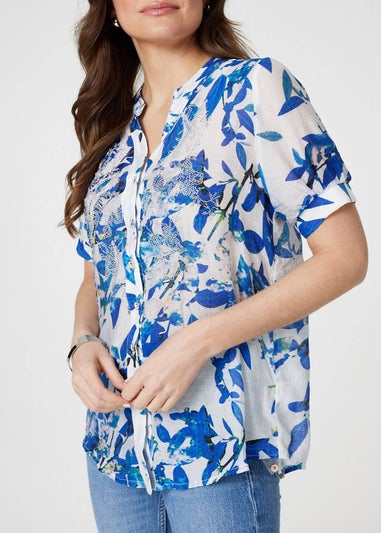 Izabel London Blue Leaf Print Short Puff Sleeve Shirt