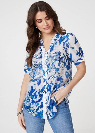 Izabel London Blue Leaf Print Short Puff Sleeve Shirt