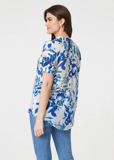 Izabel London Blue Leaf Print Short Puff Sleeve Shirt