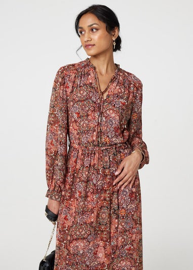 Izabel London Red Floral Paisley Semi Sheer Midi Dress