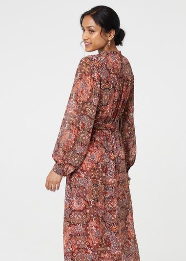 Izabel London Red Floral Paisley Semi Sheer Midi Dress