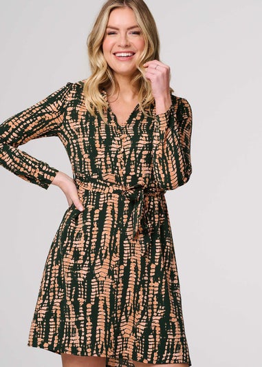 Izabel London Green Printed Long Sleeve Tie Waist Mini Dress