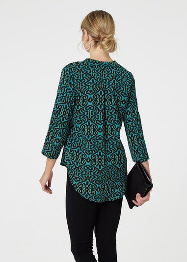 Izabel London Green Aztec Print Curve Hem Blouse