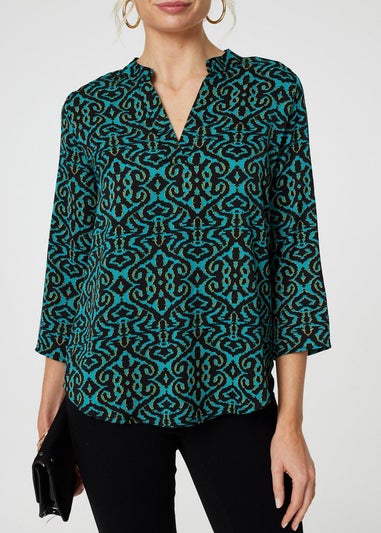 Izabel London Green Aztec Print Curve Hem Blouse