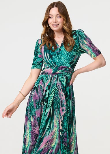 Izabel London Green Feather Print Wrap Midi Dress