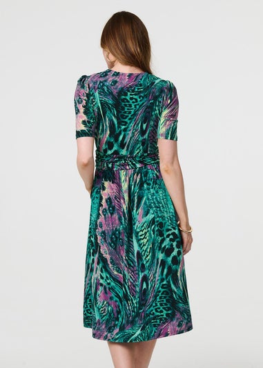 Izabel London Green Feather Print Wrap Midi Dress