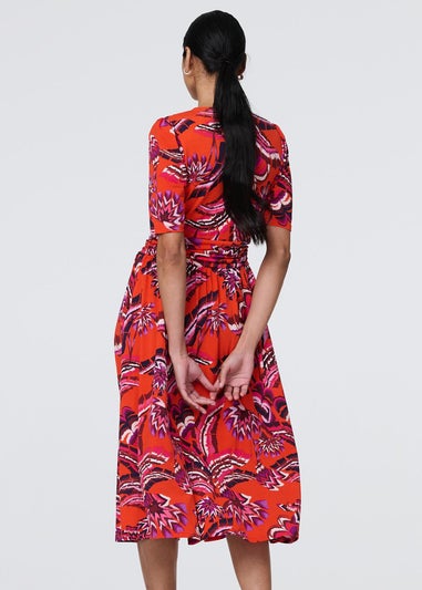 Izabel London Orange Tropical Print Faux Wrap Midi Dress