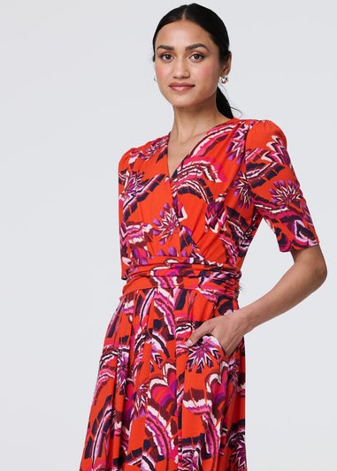 Izabel London Orange Tropical Print Faux Wrap Midi Dress