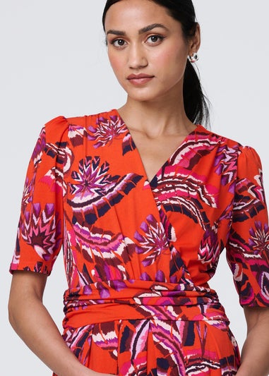 Izabel London Orange Tropical Print Faux Wrap Midi Dress