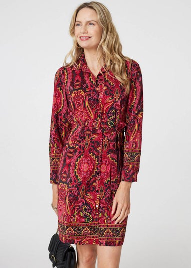 Izabel London Pink Mosaic Print Long Sleeve Short Shirt Dress