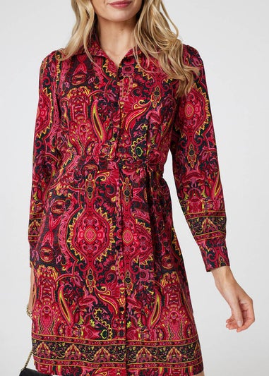 Izabel London Pink Mosaic Print Long Sleeve Short Shirt Dress