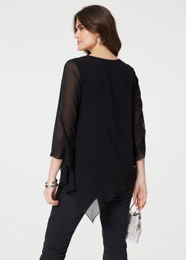 Izabel London Black Contrast Stitch Semi Sheer Hanky Hem Top