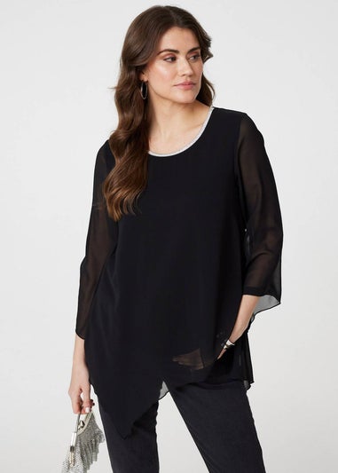 Izabel London Black Contrast Stitch Semi Sheer Hanky Hem Top