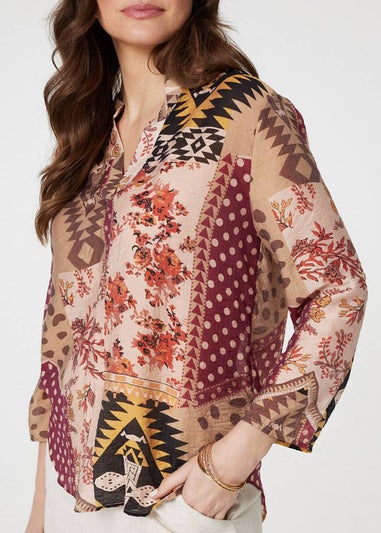 Izabel London Red Patchwork Print Curve Hem Blouse