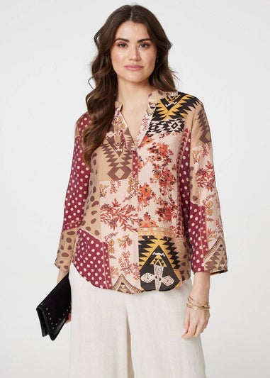 Izabel London Red Patchwork Print Curve Hem Blouse