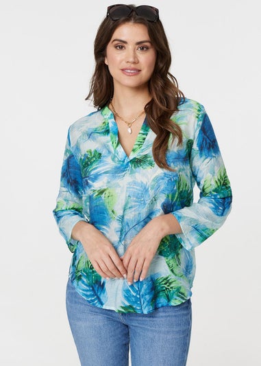 Izabel London Blue Tropical Print V-Neck Blouse