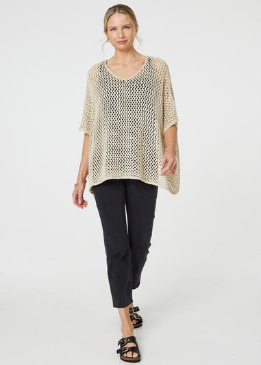 Izabel London Beige Sheer Crochet Relaxed Batwing Sleeve Top